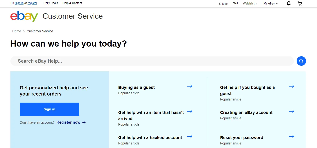 eBay customer service help center.