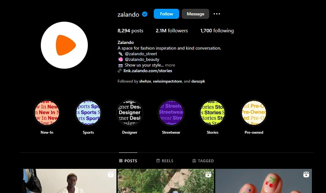 Zalando Instagram profile showcasing fashion chatbot use cases.
