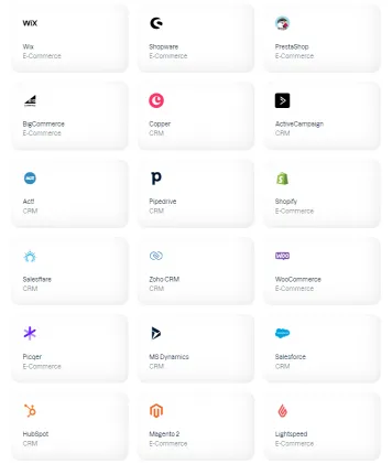List of e-commerce and CRM platform logos: Wix, Shopify, Salesforce, more.