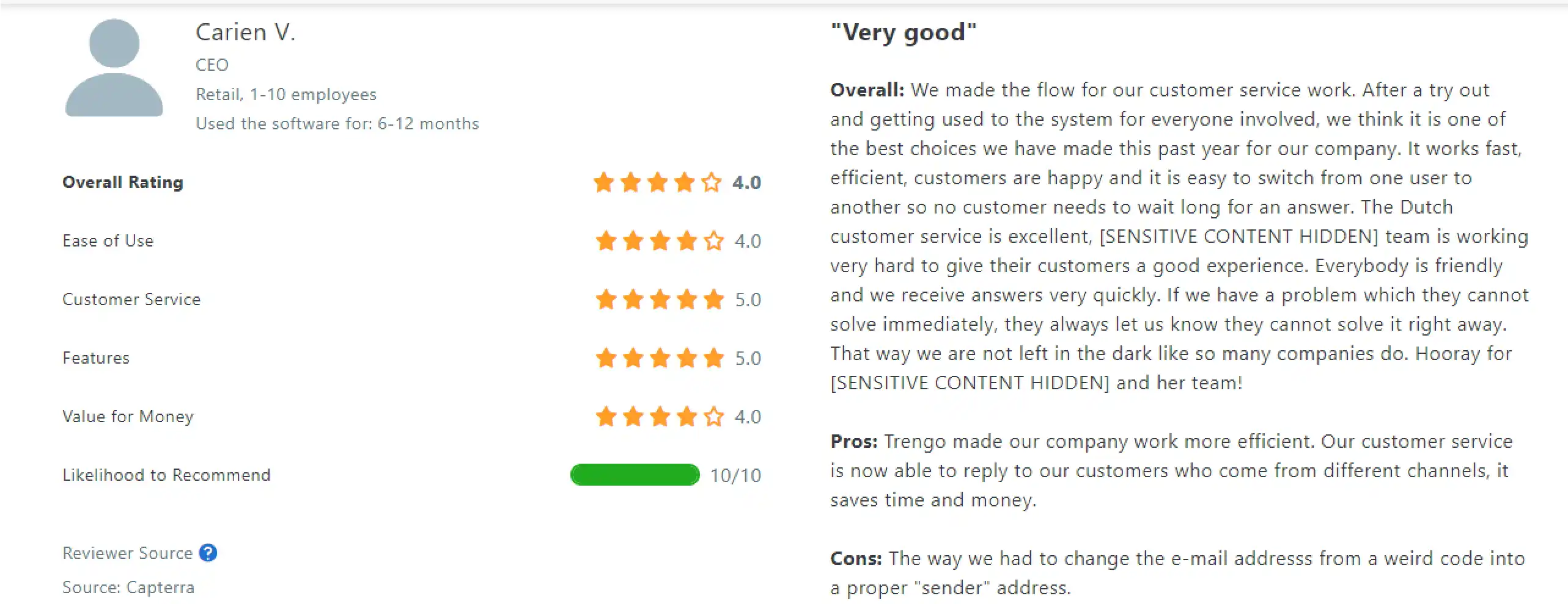 Customer engagement platform review: Carien V., CEO, gives 4-5 star ratings.