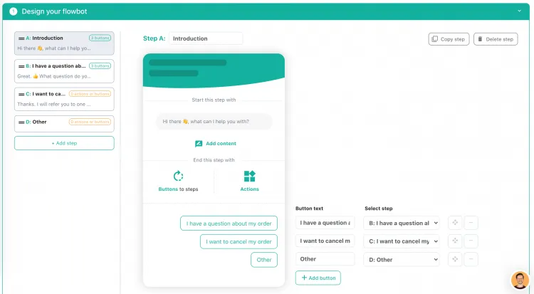 Chatbot flow builder interface. Design marketing chatbot.