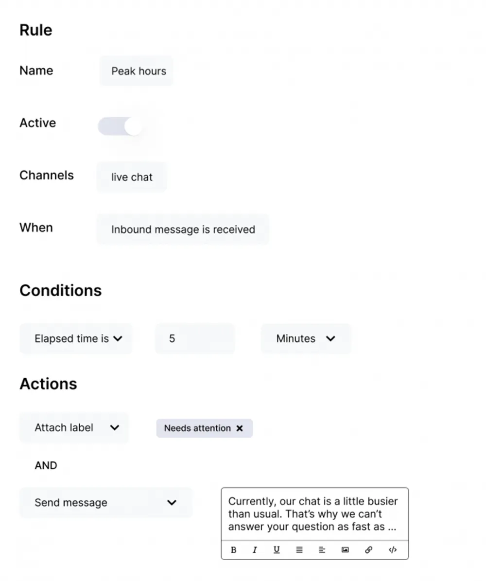 Regla de chat automatizado para el servicio de atención al cliente durante las horas punta.