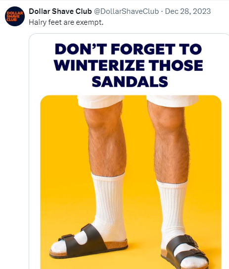 Tweet van Dollar Shave Club: Harige benen, sokken en sandalen. Voorbeeld van een grappige toon.