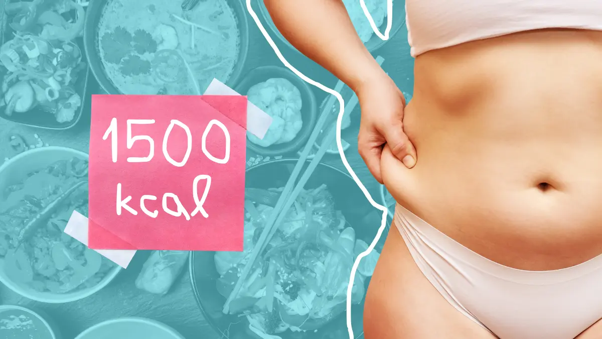 Ilustracija osobe na planu za mršavljenje sa dnevnim unosom kalorija prikazanim na sticky noteu od 1500 kcal