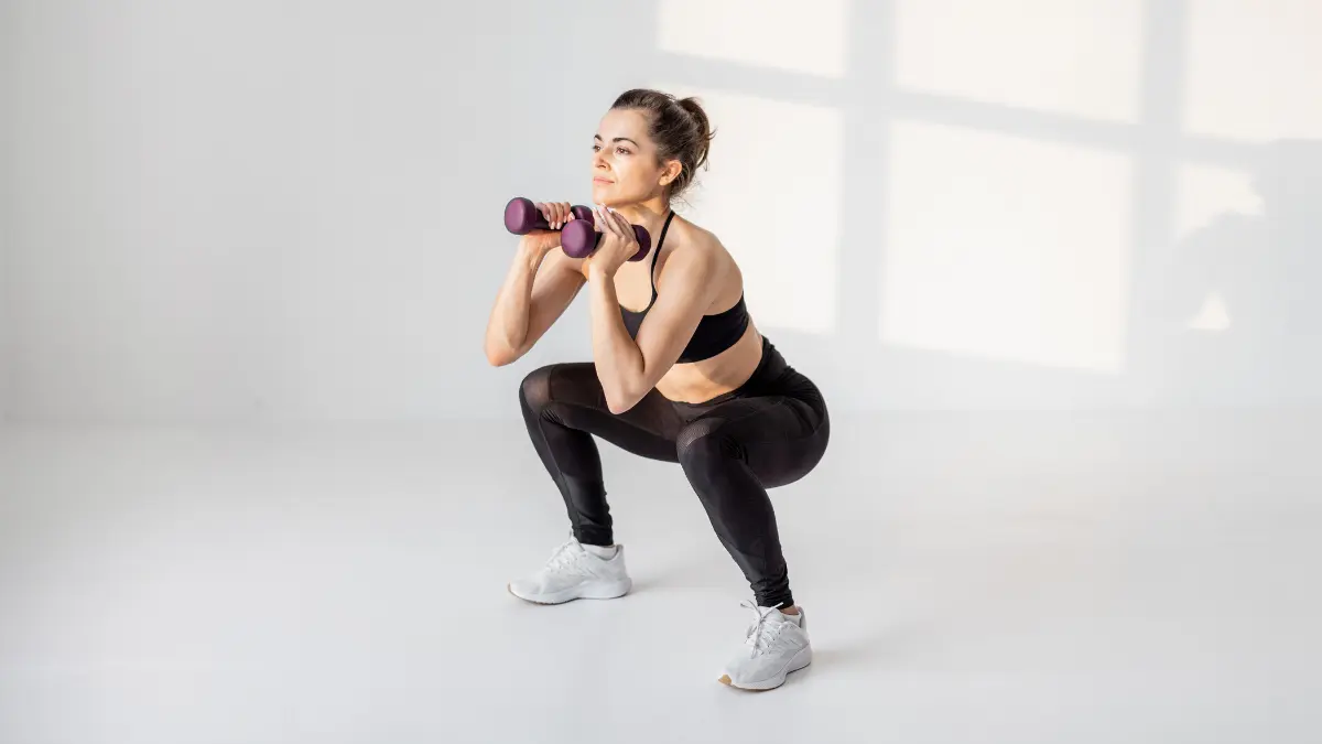 Žena vježba kod kuće s bučicama pod upalom mišića