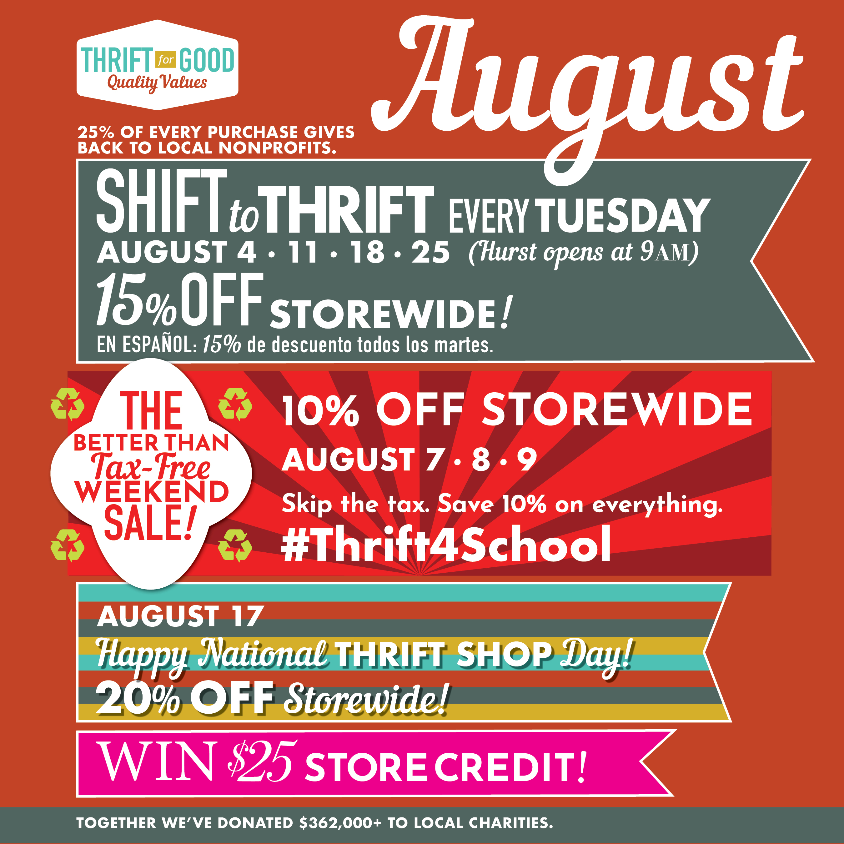 August at Thrift for Good® Shopping for kiddos, stocking a classroom, decorating a dorm, or refreshing your craft station? August is packed with opportunities to save while discovering one-of-a-kind finds that make every fresh start all about personality and less about stress. ✨ This month, enjoy:
🛍️ Shift to Thrift Tuesdays – 15% OFF Storewide
🎒 Better Than Tax-Free Weekend – August 7–9
🎉 National Thrift Shop Day – 20% OFF Storewide on August 17
🎁 Plus your chance to WIN a $25 store credit! 💰 Lower prices.
♻️ Less waste.
✨ More personality.
