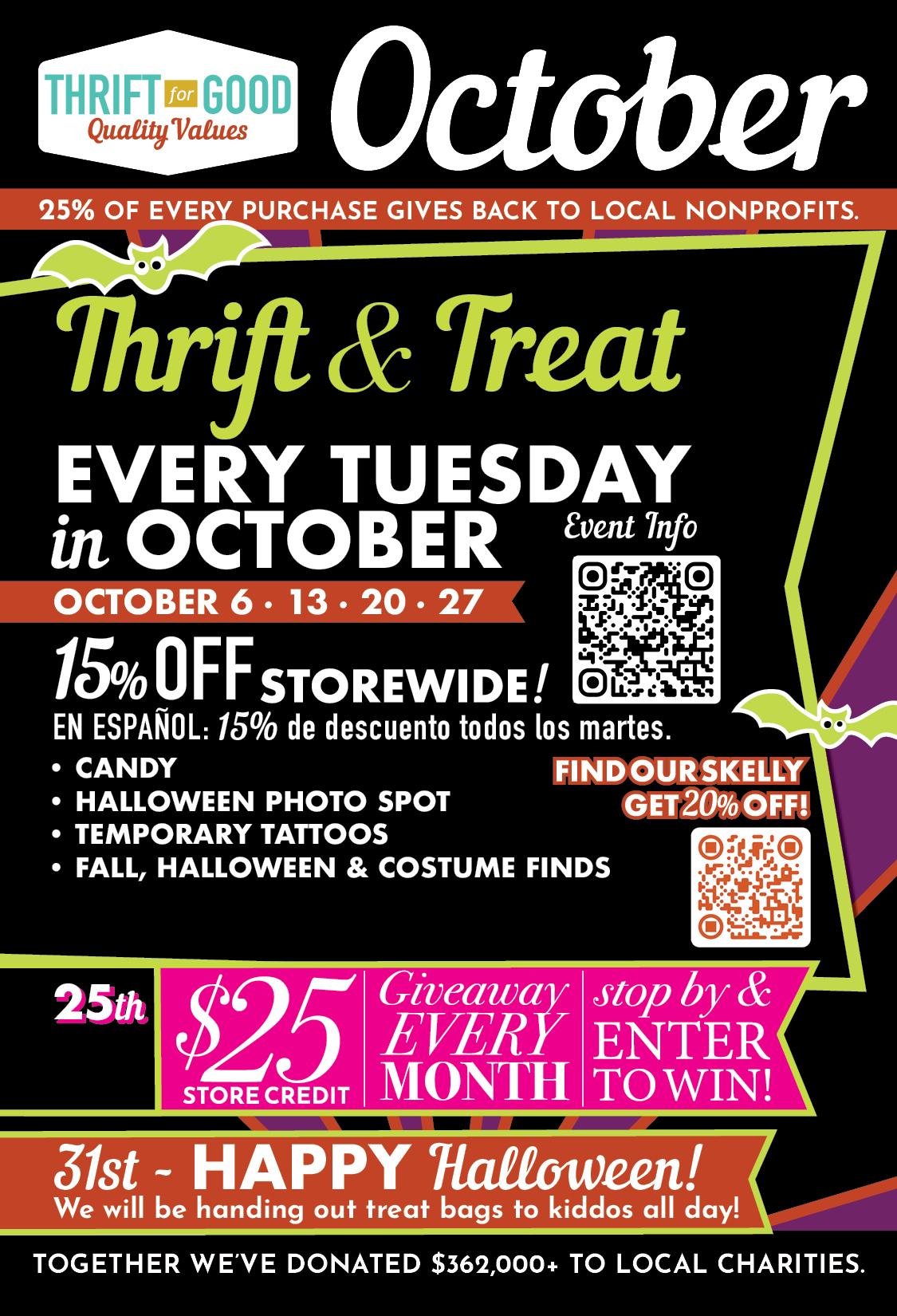🍂 SEPTEMBER AT THRIFT FOR GOOD 🍂  New month, new reasons to thrift! Here’s what’s happening this September:  ♻️ September Upcycling Contest Thrift it. Transform it. Show it off! Find something at Thrift for Good, give it a creative second life, and enter our September Upcycling Contest for a chance to win!  🛍️ SHIFT TO THRIFT - EVERY TUESDAY! Save 15% OFF the entire store every Tuesday - plus an EXTRA 15% OFF stamped sale items! 📍 Hurst opens early at 9AM on Tuesdays!  🇺🇸 LABOR DAY - SEPTEMBER 7 We’re OPEN! Spend part of your holiday treasure hunting with us.  💸 $25 ON THE 25TH Shop with us on September 25th for your chance to win $25!  And, as always, every purchase helps keep more goods in use while supporting local nonprofits. 💚