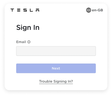 Tesla sign in screen