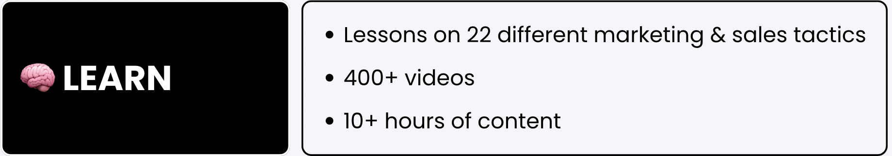 Black box with a brain emoji and the word 'LEARN'. Text beside it reads: • Lessons on 22 different marketing & sales tactics • 400+ videos • 10+ hours of content