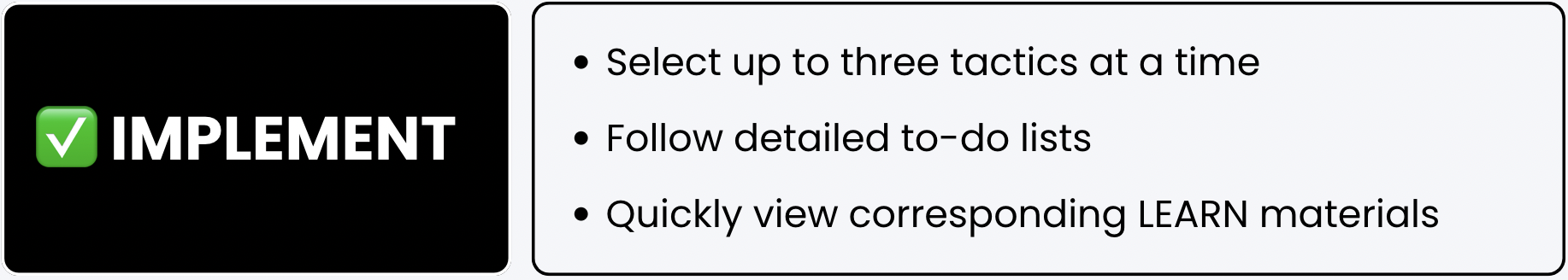 Black box with a green checkmark emoji and the word 'IMPLEMENT'. Text beside it reads: • Select up to three tactics at a time • Follow detailed to-do lists • Quickly view corresponding LEARN materials