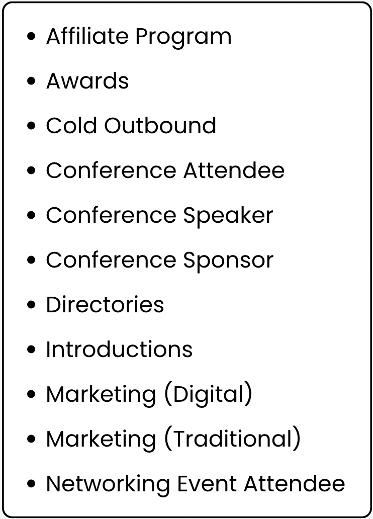 List of go-to-market tactics including: Affiliate Program, Awards, Cold Outbound, Conference Attendee, Conference Speaker, Conference Sponsor, Directories, Introductions, Marketing (Digital), Marketing (Traditional), Networking Event Attendee.