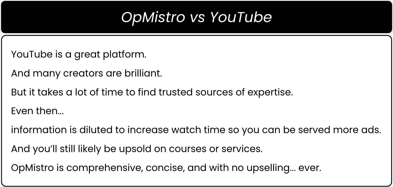 Comparison titled 'OpMistro vs YouTube'. Text notes that although YouTube has great creators, it’s time-consuming to find reliable information, and content is often diluted to boost ad revenue or upsell courses. OpMistro is positioned as comprehensive, concise, and without upselling.