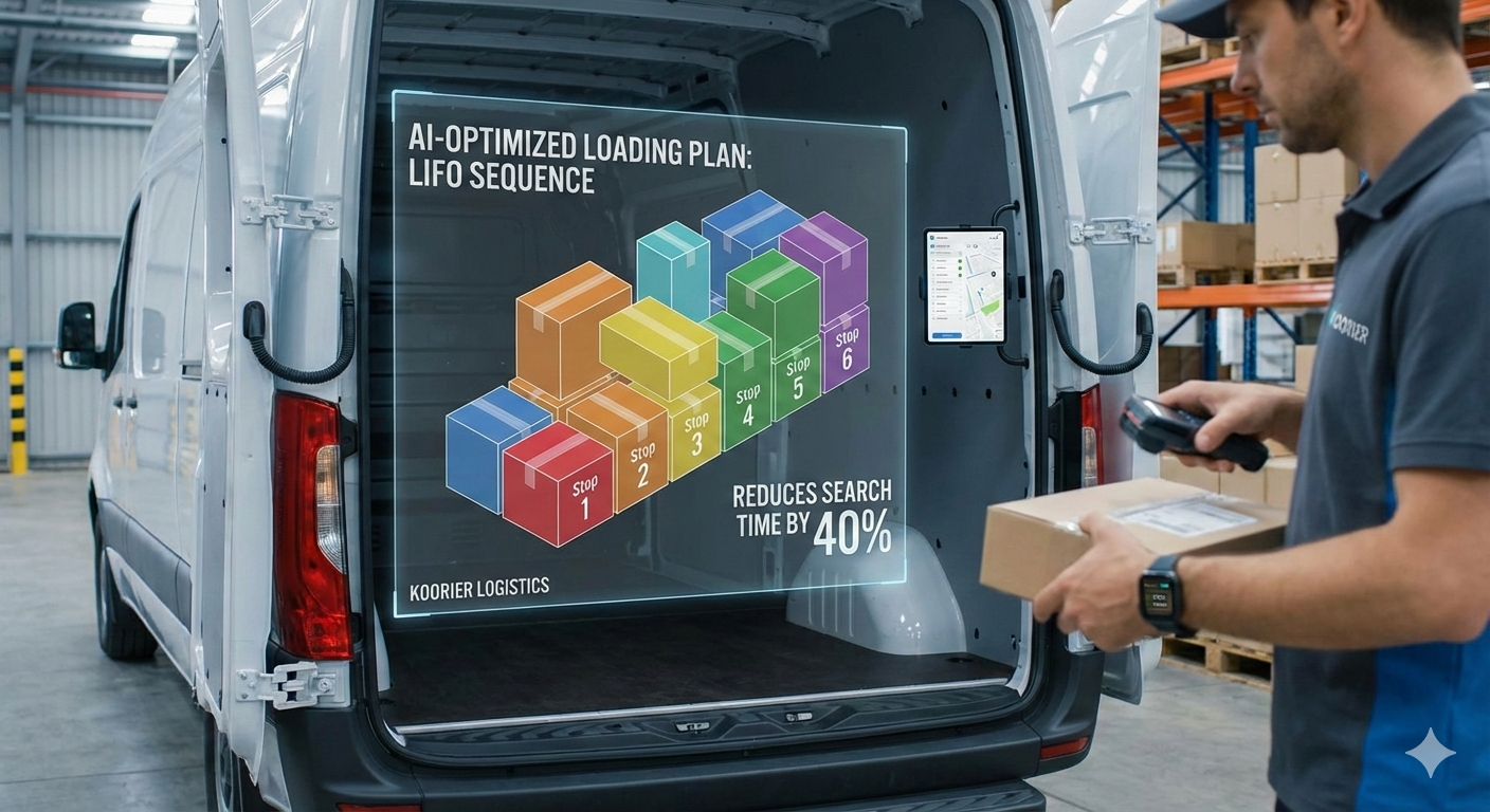AI-powered last-mile delivery optimization showing smart loading and routing to improve delivery accuracy.