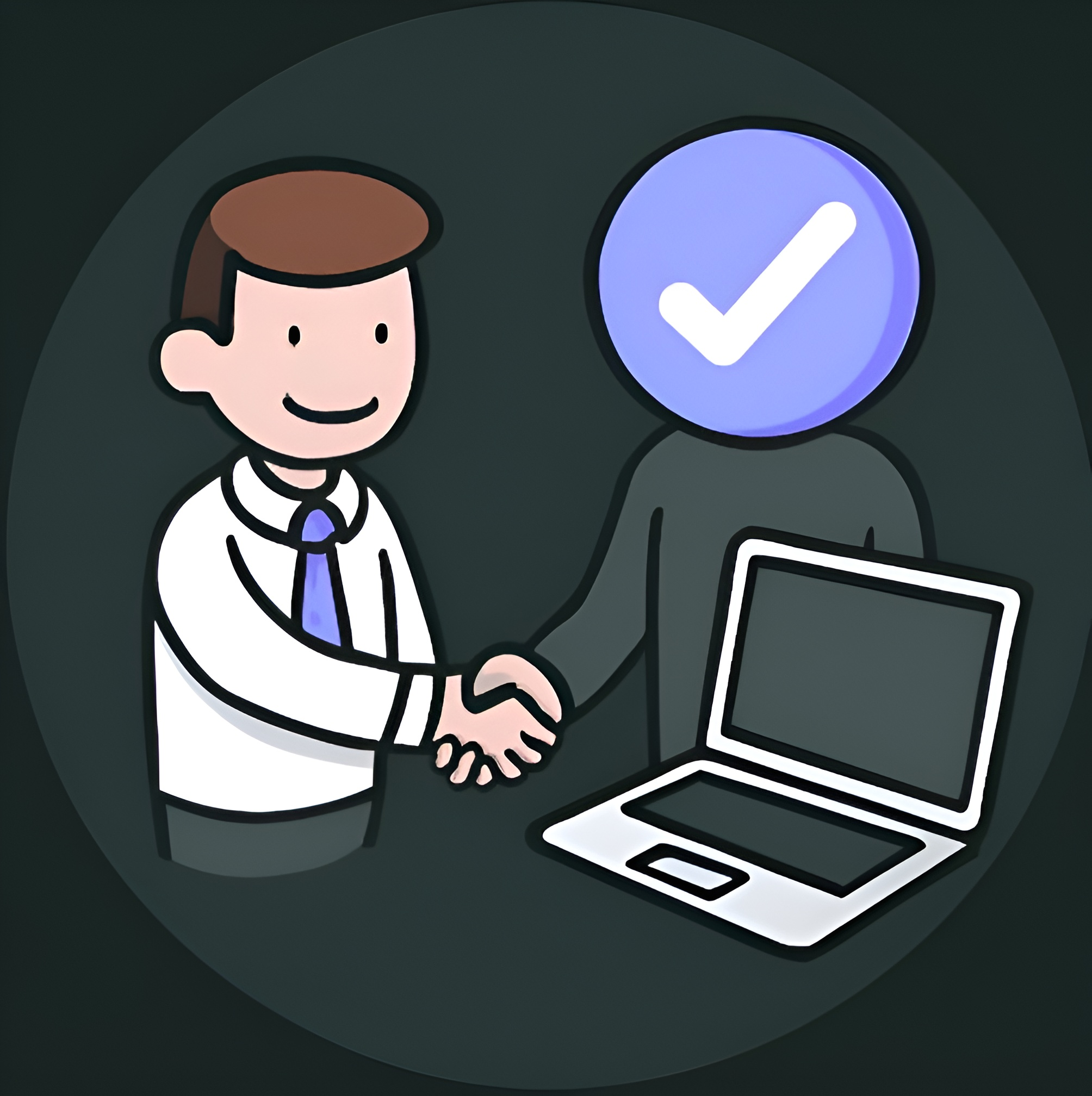 Illustration of a business professional shaking hands with a digital checkmark figure, symbolizing trust, partnership, and technology-driven logistics collaboration.