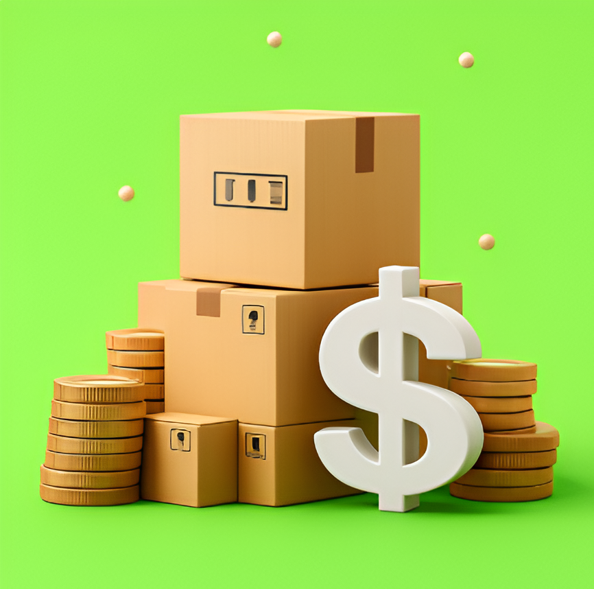 Packages and currency icons illustrating the cost of last-mile delivery and logistics operations.
