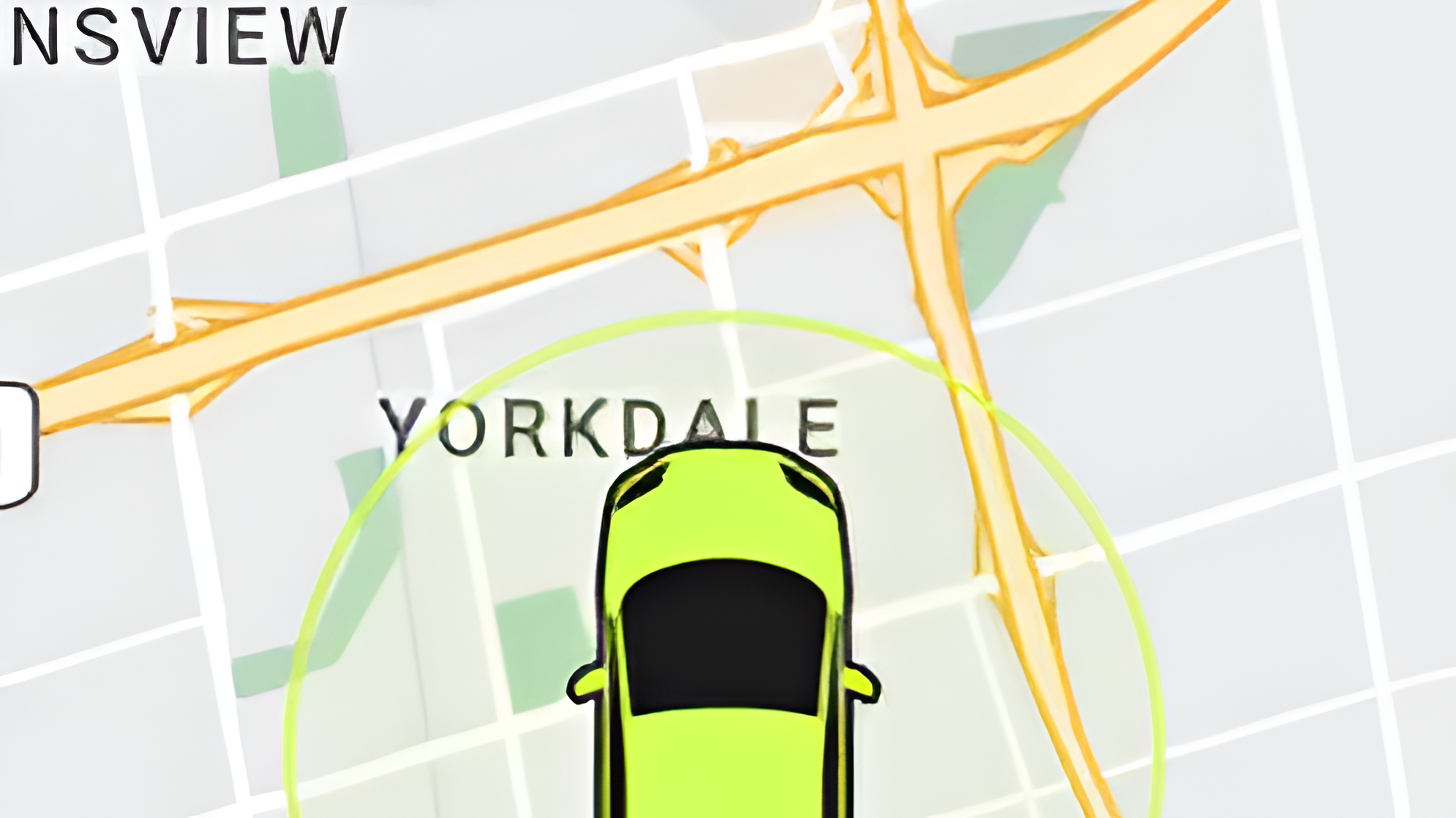 Close-up of a digital delivery map showing a neon green vehicle icon positioned near Yorkdale, representing real-time driver tracking and route navigation.