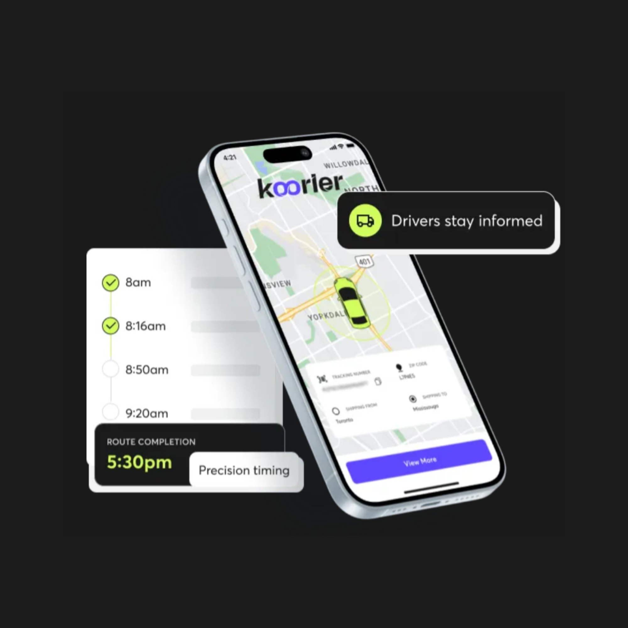 Mobile app showing real-time delivery route tracking with ETA updates and driver notifications.
