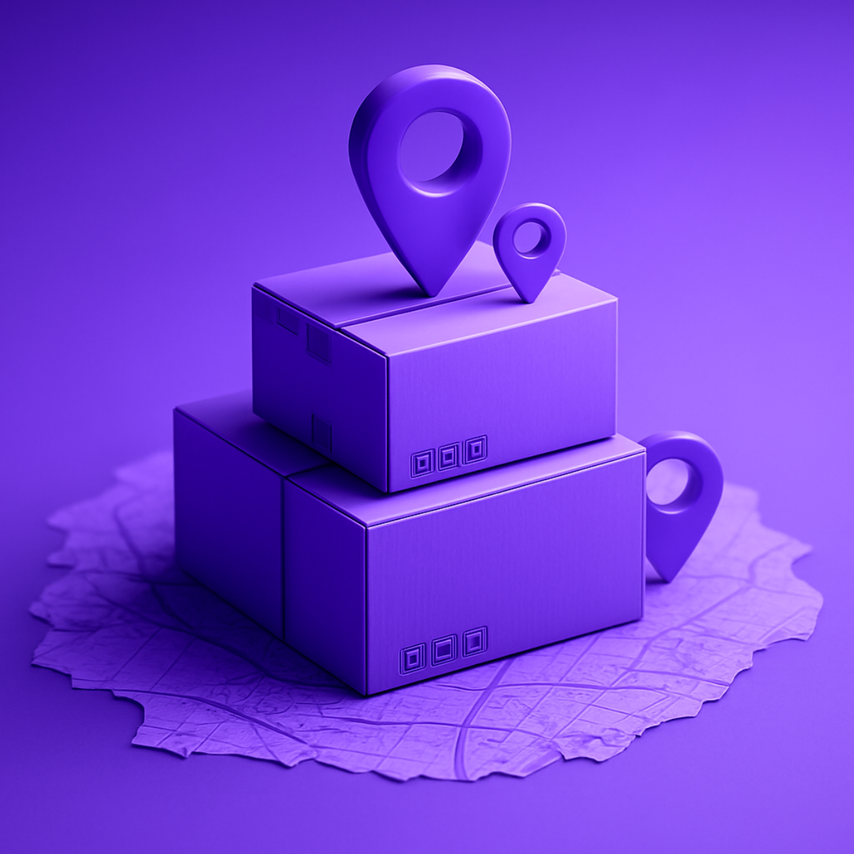 Purple 3D-styled illustration of stacked shipping boxes with large location-pin icons on top, symbolizing parcel tracking and delivery visibility.