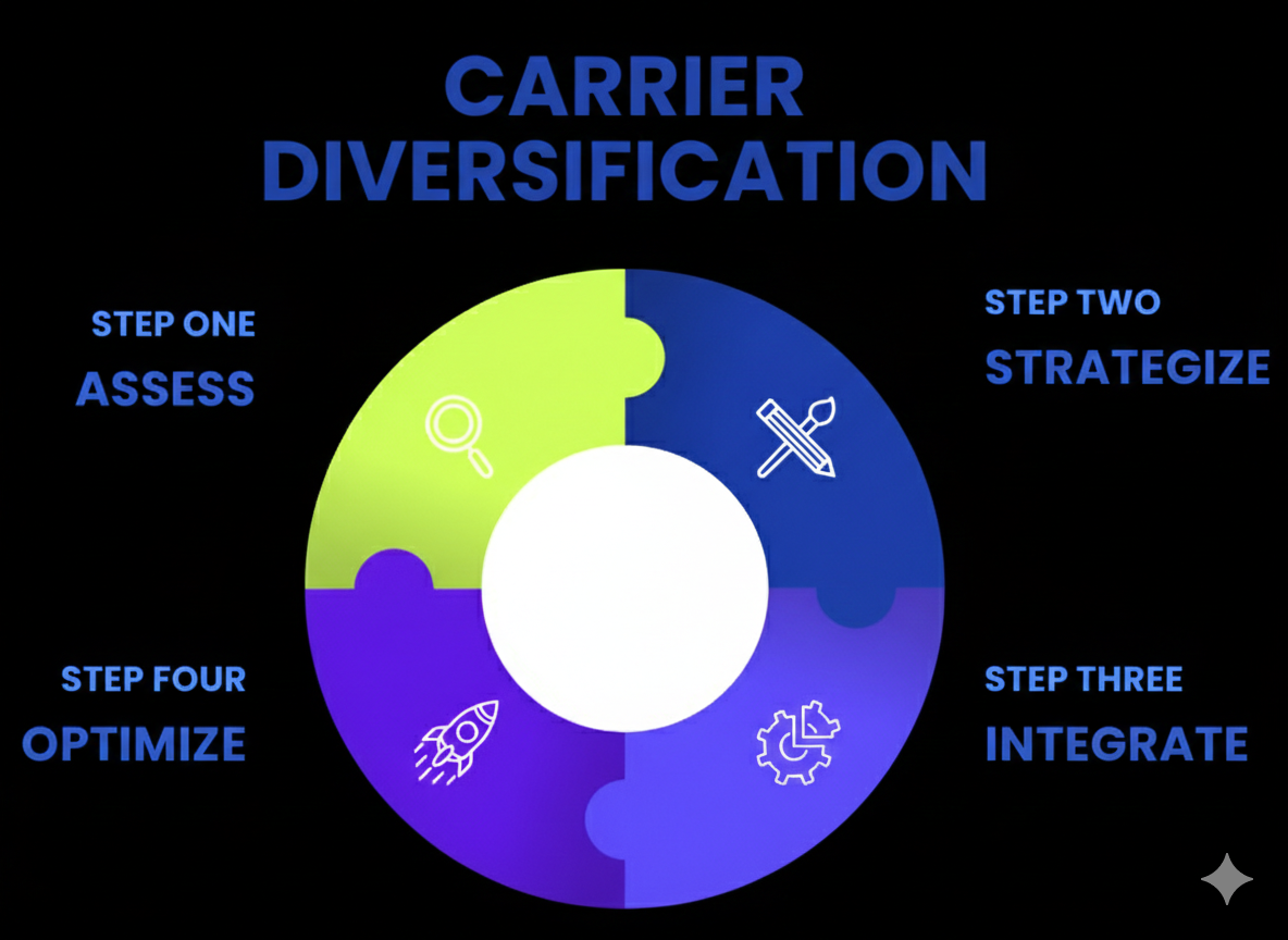 Infographic illustrating the four key steps of carrier diversification in logistics — Assess, Strategize, Integrate, and Optimize — represented with icons in lime green and blue tones, symbolizing delivery network improvement. 