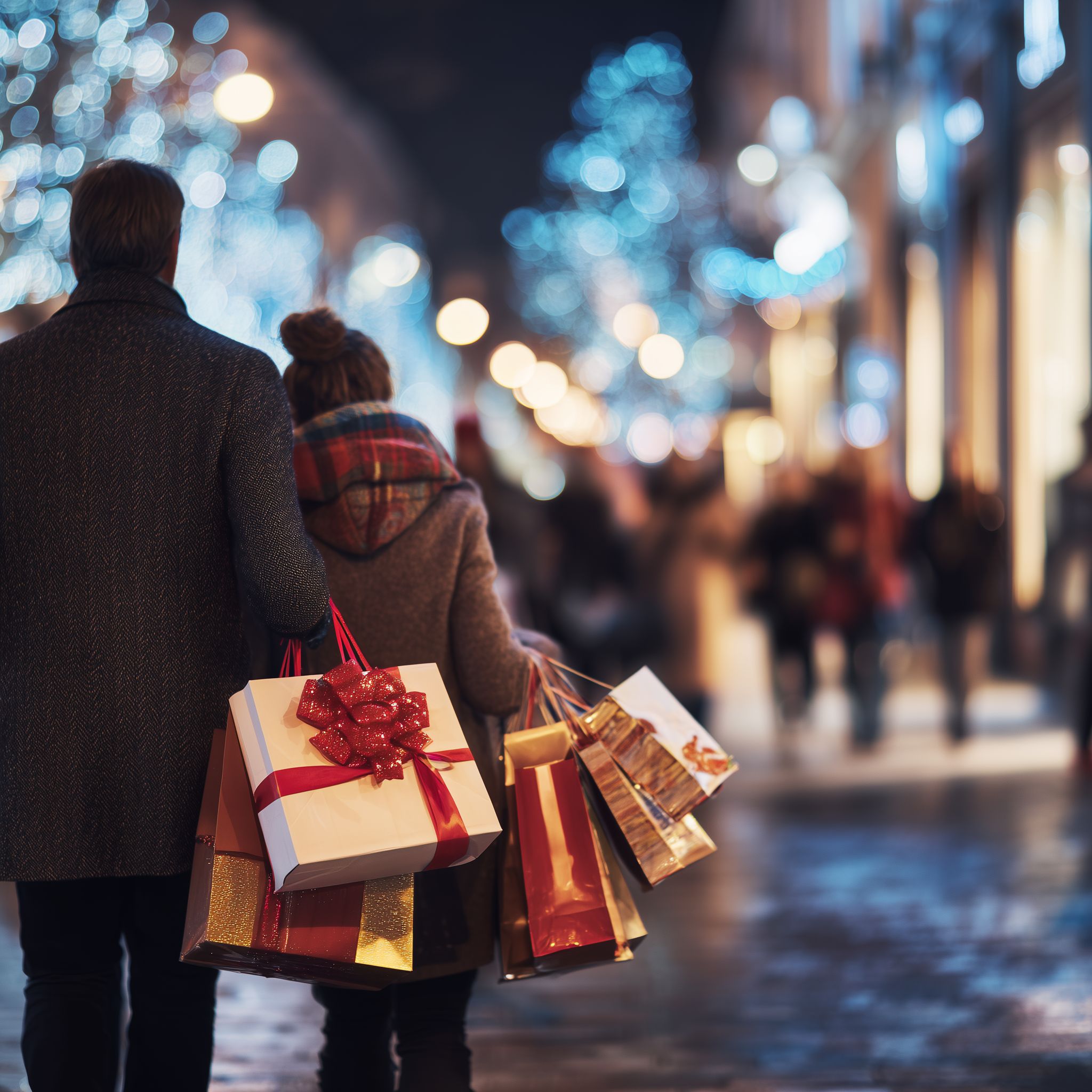 Shoppers carrying gift bags along a festive, illuminated city street during the holiday shopping season.