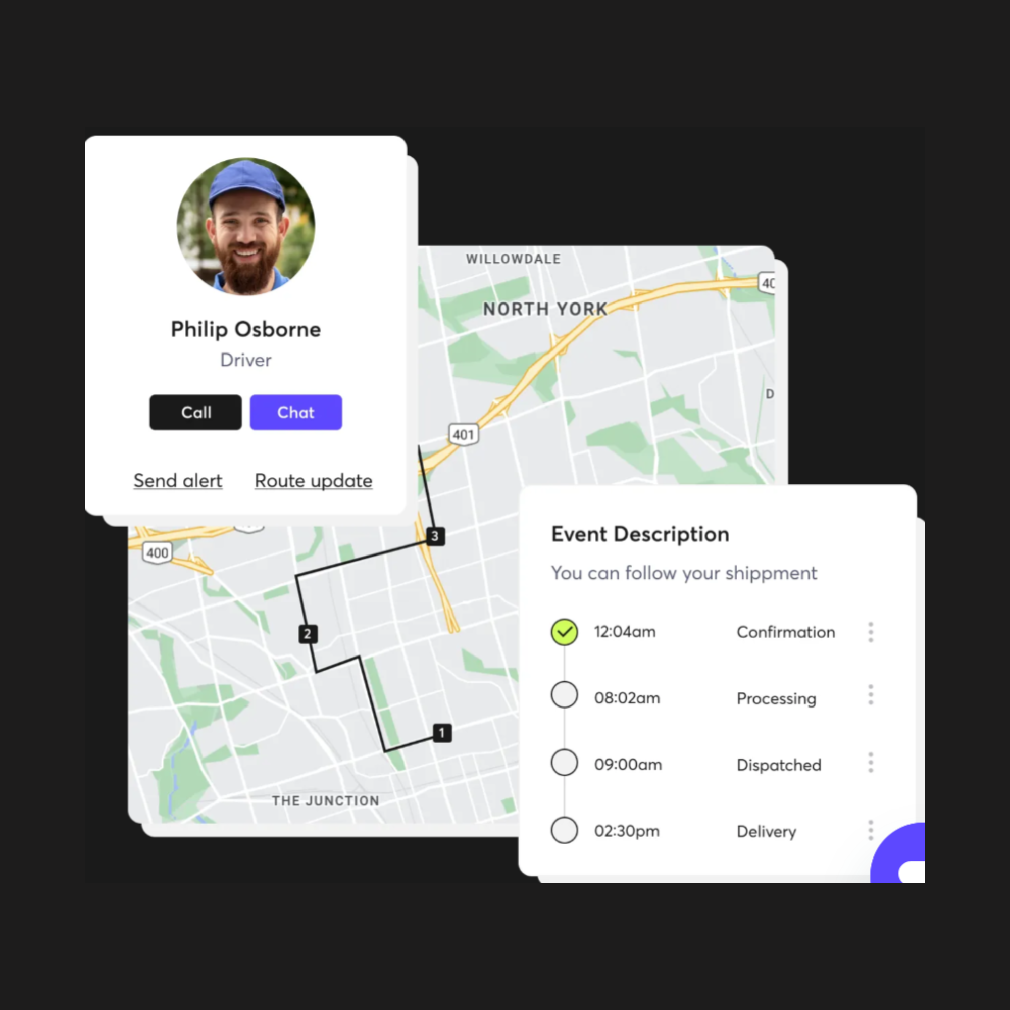 Profile card of a driver named Philip with contact options is overlaid on a map, showing a route with numbered waypoints. An adjacent panel lists shipment events with timestamps.