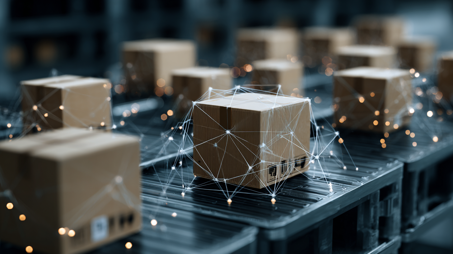 Cardboard boxes with network-like digital connections on a conveyor belt, symbolizing smart logistics and technology in modern supply chain.