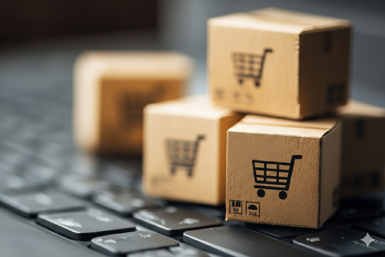 Small cardboard boxes with shopping cart icons rest on a computer keyboard, symbolizing e-commerce and online shopping. The tone is modern and business-oriented.