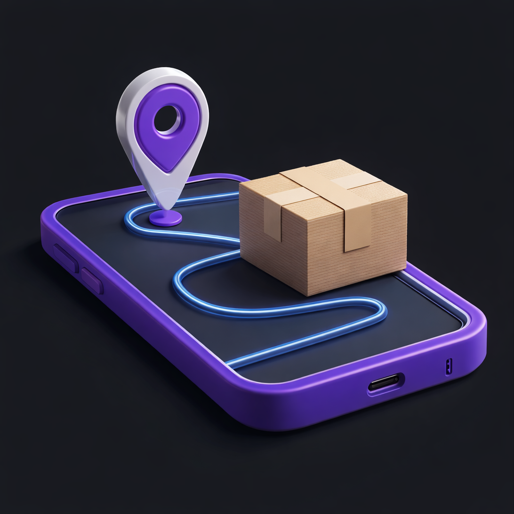A 3D illustration of a purple smartphone displaying a glowing map with a location pin and a cardboard box on top, symbolizing delivery tracking.