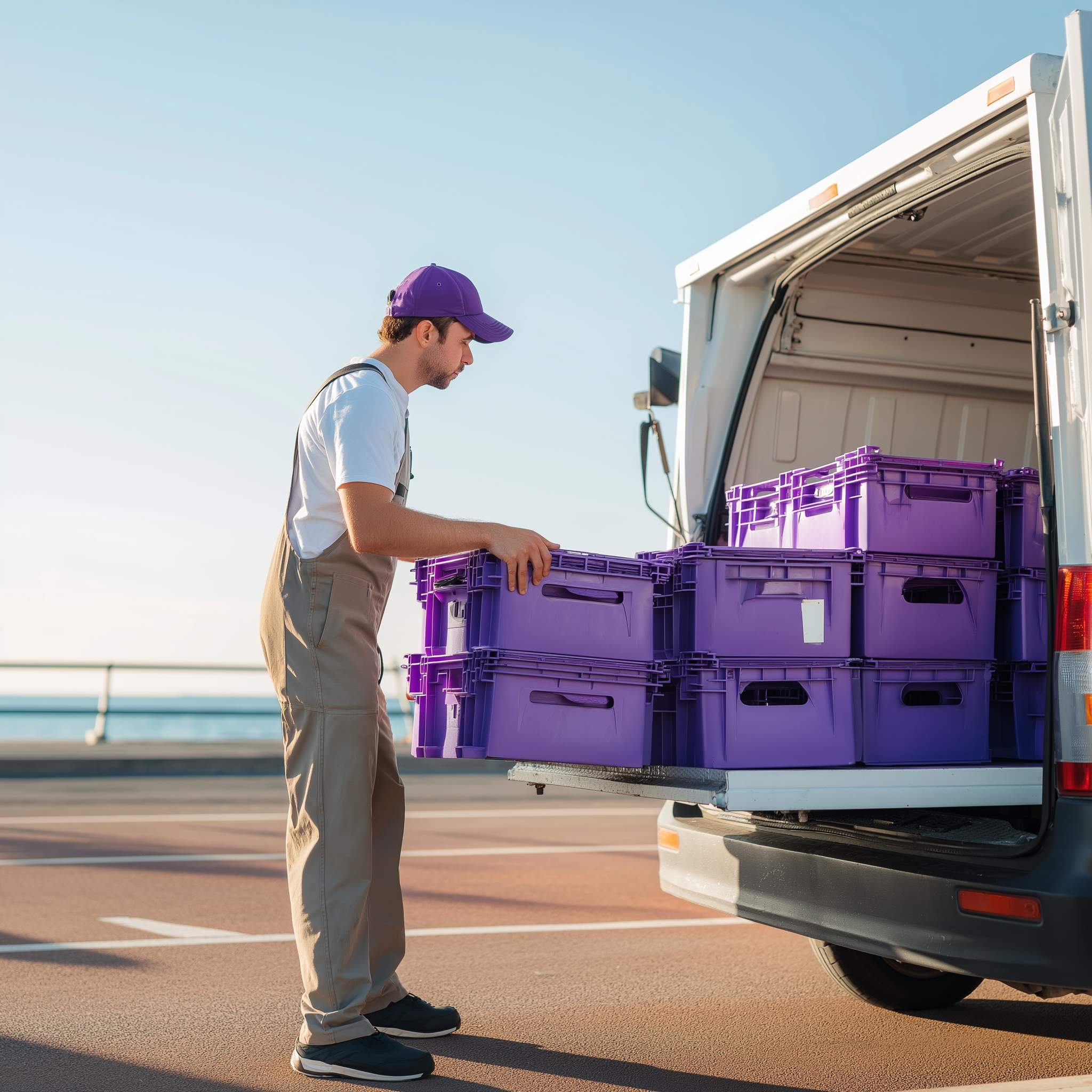 A delivery worker in a purple cap and beige overalls loads purple crates into a white van under a clear blue sky, conveying a sense of efficiency and diligence.