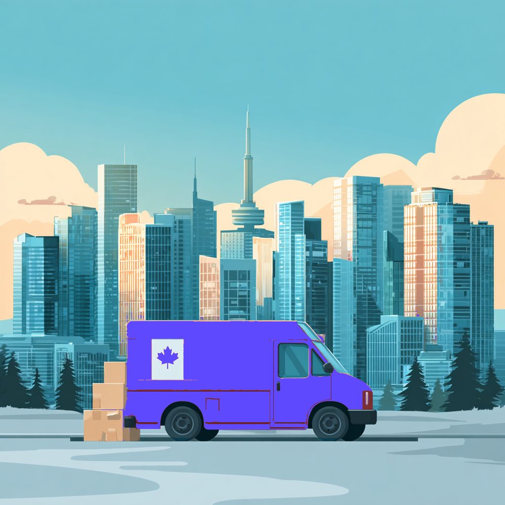 Purple delivery van driving through a Canadian city skyline, representing local last-mile delivery services in Canada.