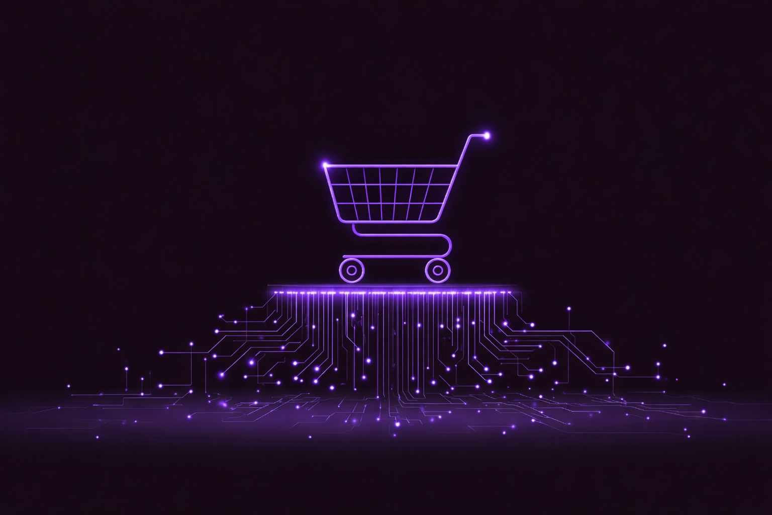 A glowing purple shopping cart icon floats above a circuit board pattern on a dark background, symbolizing digital commerce and technology.