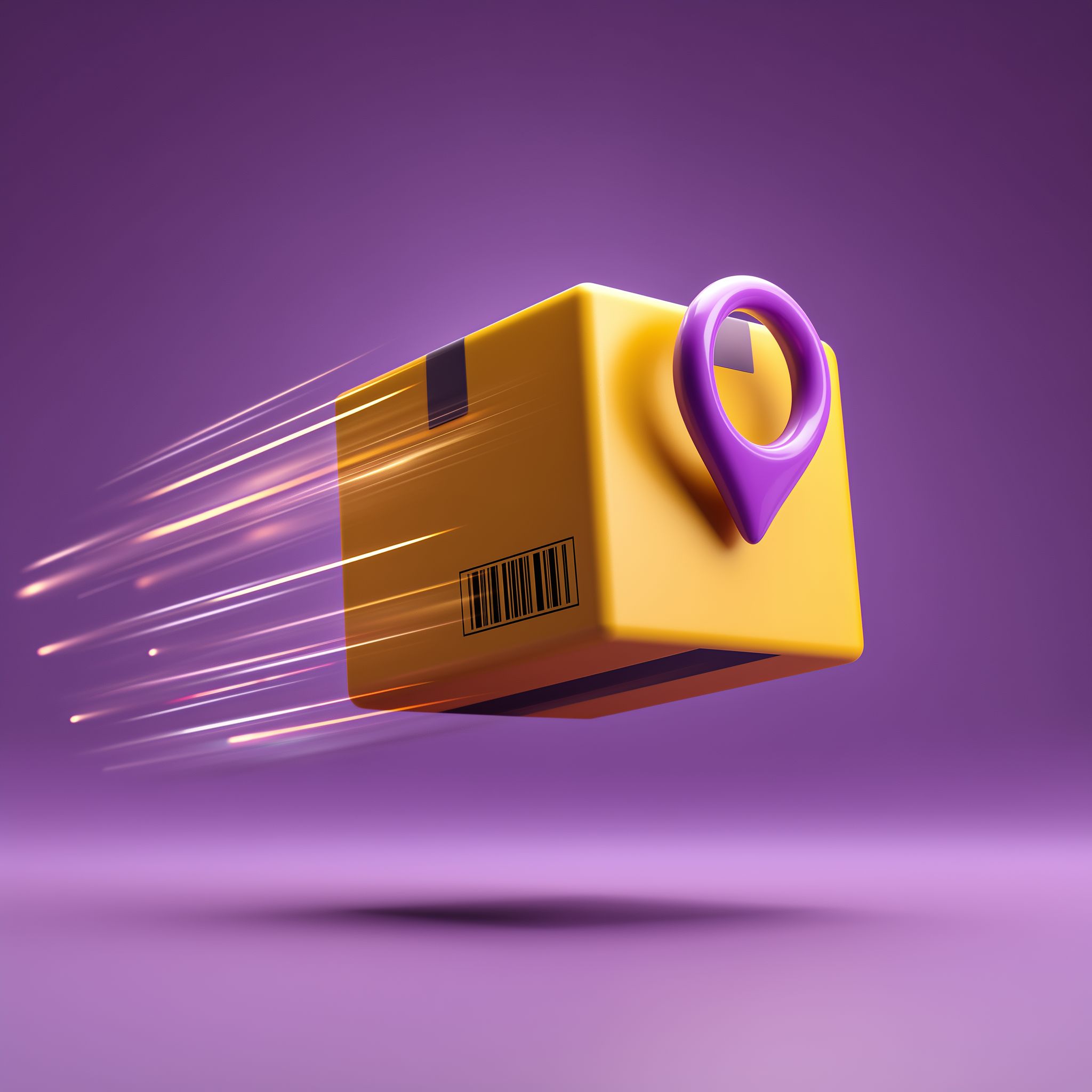 A yellow package with a barcode and purple location pin flies through a purple background, creating a sense of fast delivery and efficiency.