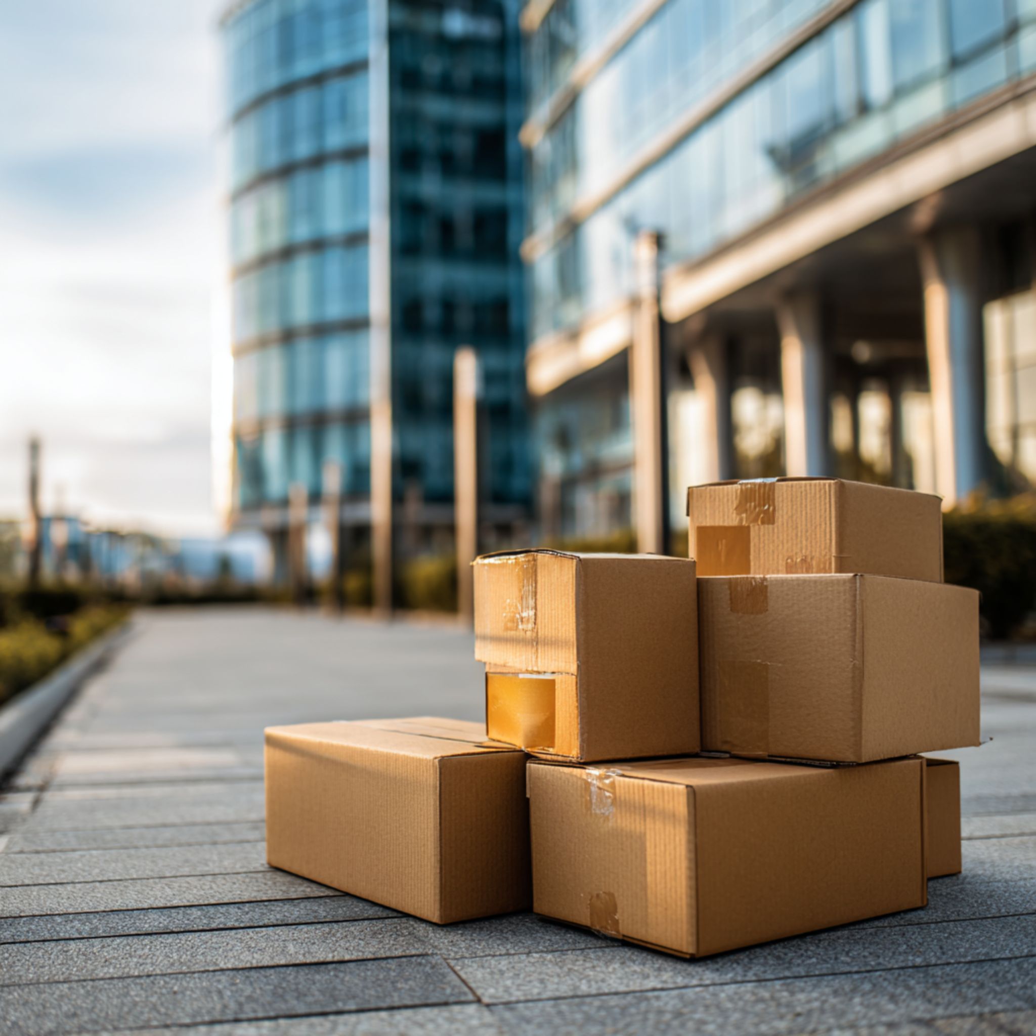 Stacks of cardboard boxes sit on a modern urban sidewalk near glass office buildings, suggesting a recent delivery or move on a sunny day.