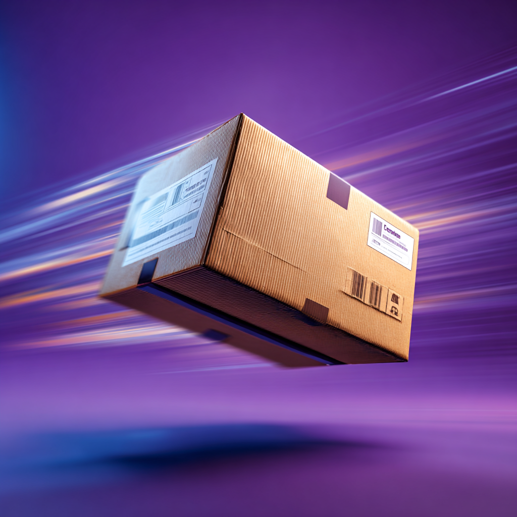 A cardboard box with shipping labels floats in motion against a dynamic purple background, conveying a sense of speed and efficiency.