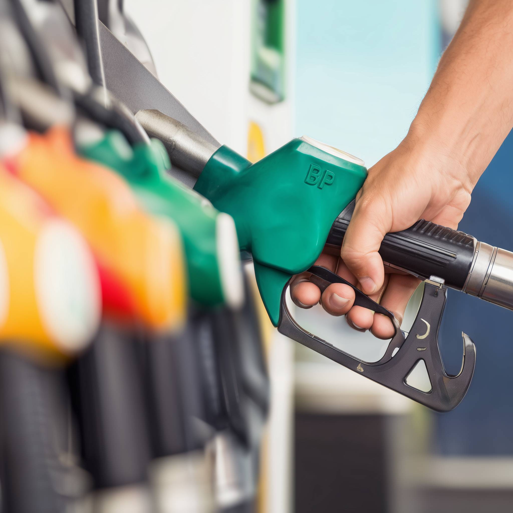 A hand grips a green gasoline pump handle at a fuel station, surrounded by other colored nozzles. The scene conveys routine refueling.
