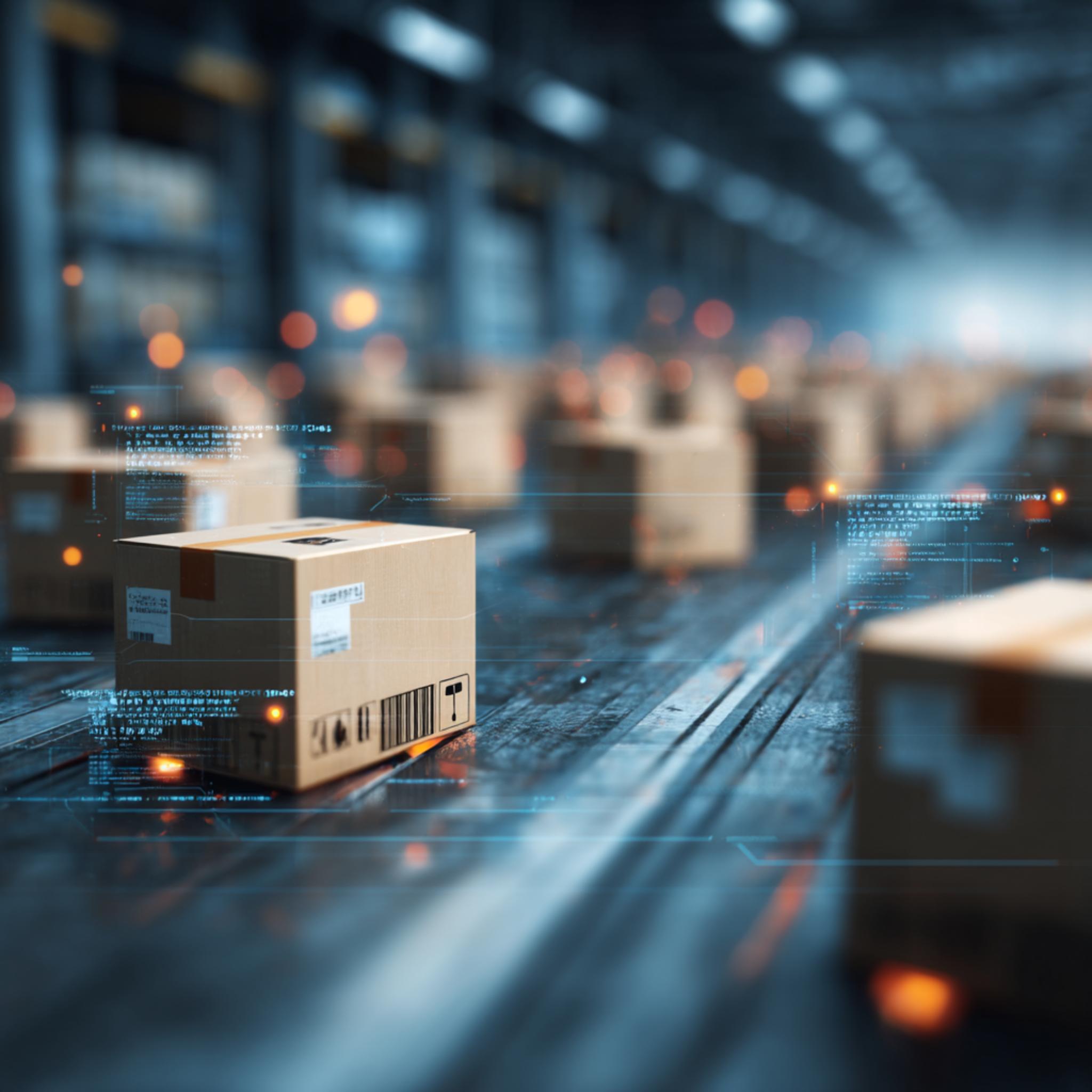 Warehouse scene with cardboard boxes on conveyor belts, illuminated by a blue futuristic light. Digital data overlays suggest automation.