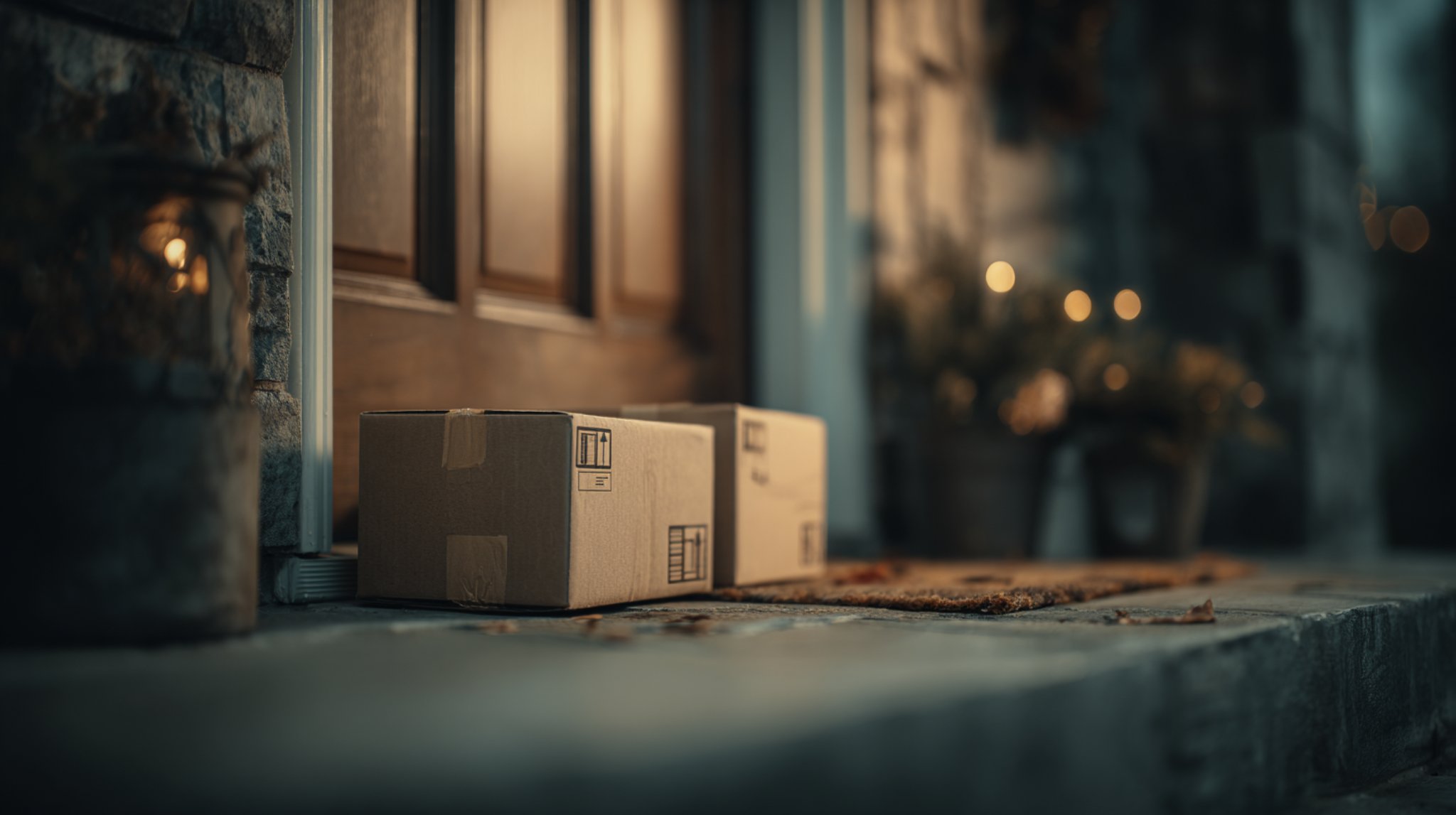 Cardboard packages sit on a stone doorstep at dusk, framed by warm light from a nearby lantern. The setting is calm and welcoming.