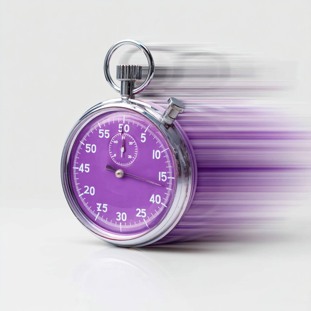 A silver stopwatch with a purple face is featured, displaying blurred motion trails to the right, suggesting speed and urgency, against a light gray background.