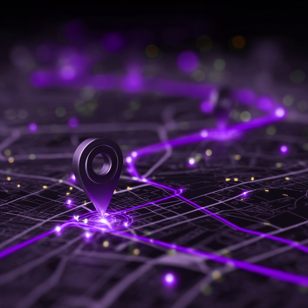 A 3D map with glowing purple routes and pins, highlighting navigation paths. The dark background adds a futuristic and tech-focused ambiance.