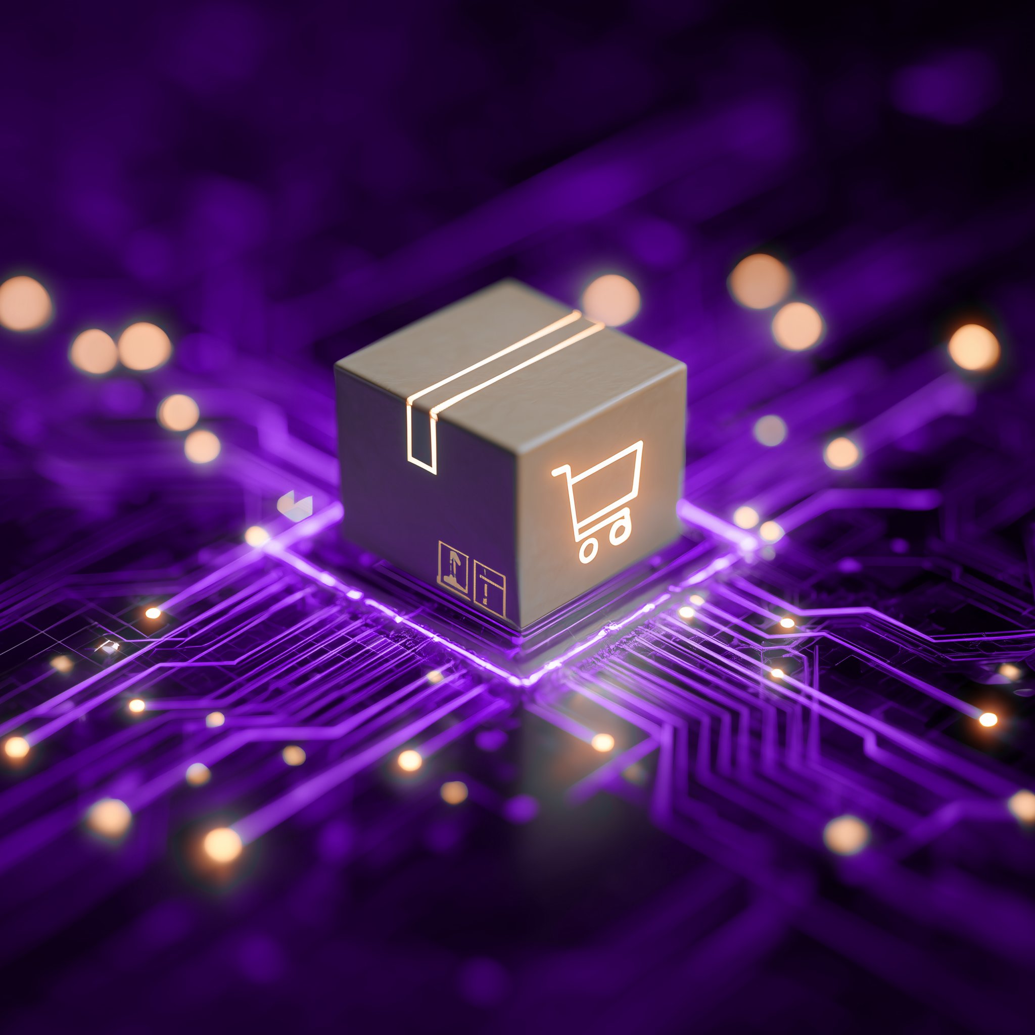 A glowing box with a shopping cart icon sits on a purple circuit board, symbolizing digital commerce. The tone is futuristic and technological.