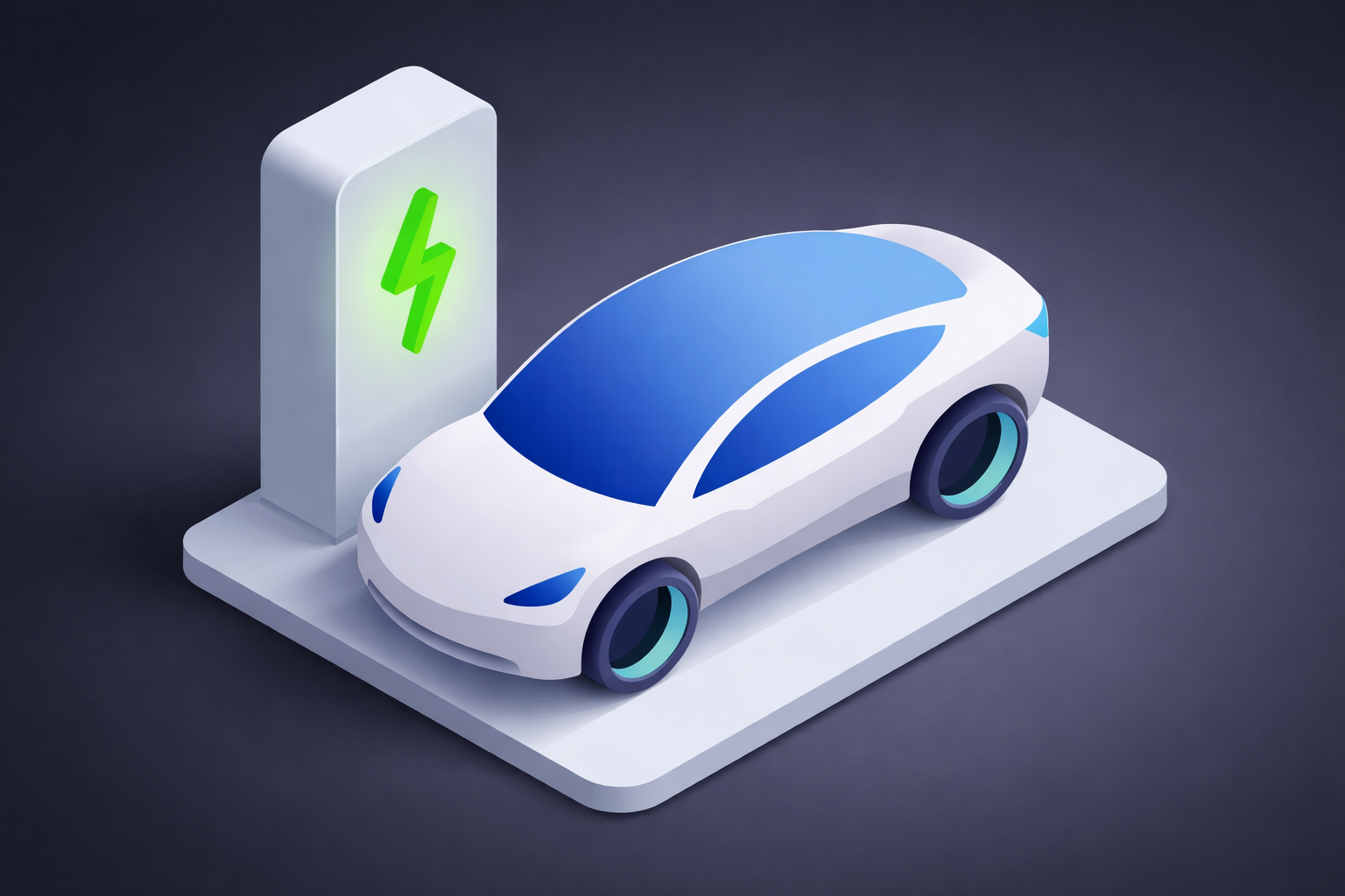 A futuristic white electric car with blue-tinted windows is parked at a charging station. A green lightning bolt on the station indicates power.