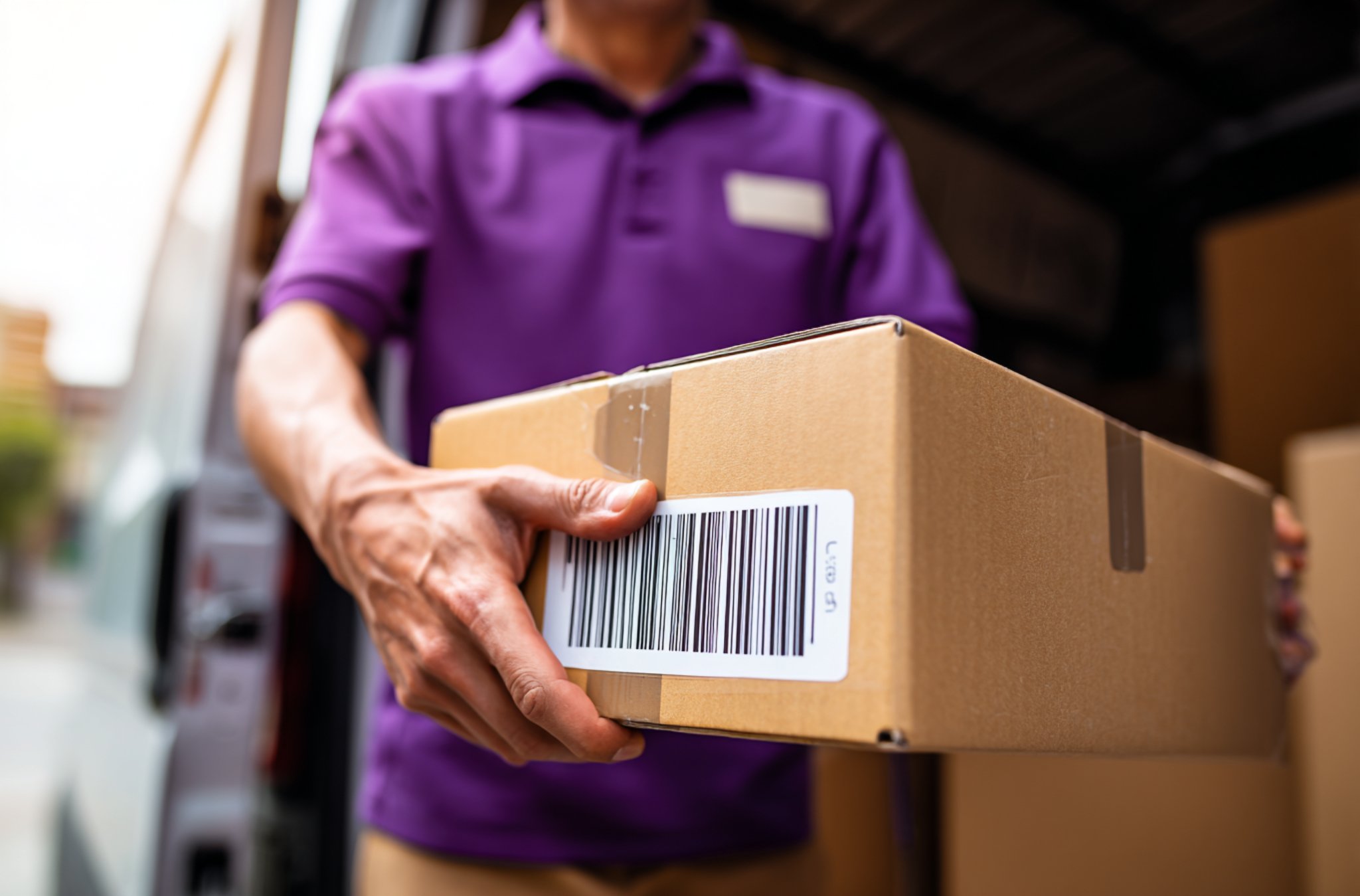 A delivery worker in a purple shirt hands a cardboard package with a barcode. Background shows an open van door, suggesting a delivery in progress.
