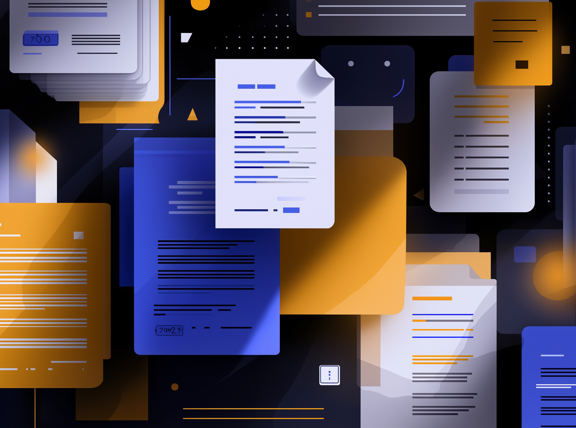 Gemini said Abstract digital illustration of organized document layers and floating files in purple, white, and yellow.
