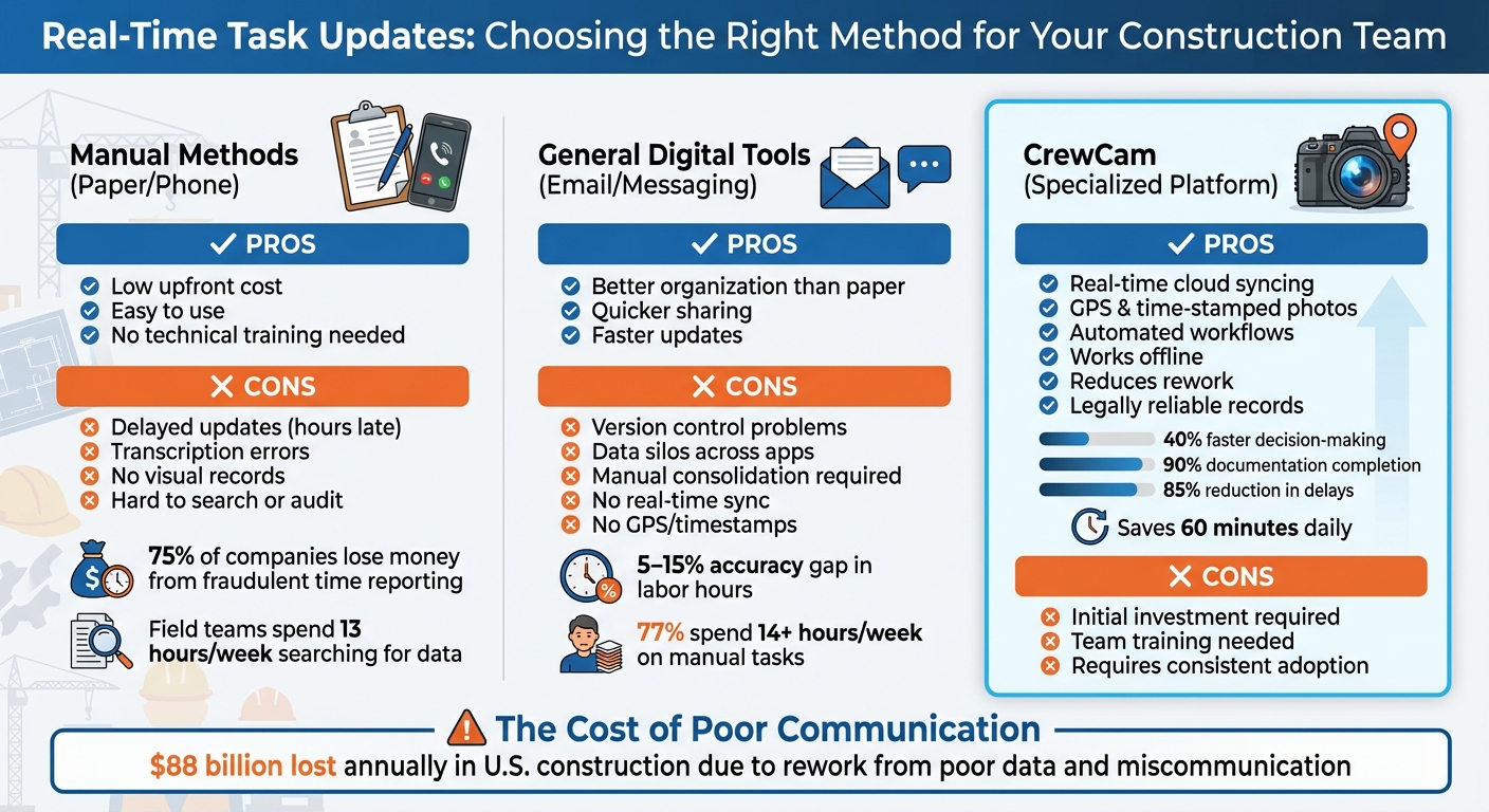 Construction Task Update Methods Comparison: Manual vs Digital vs CrewCam