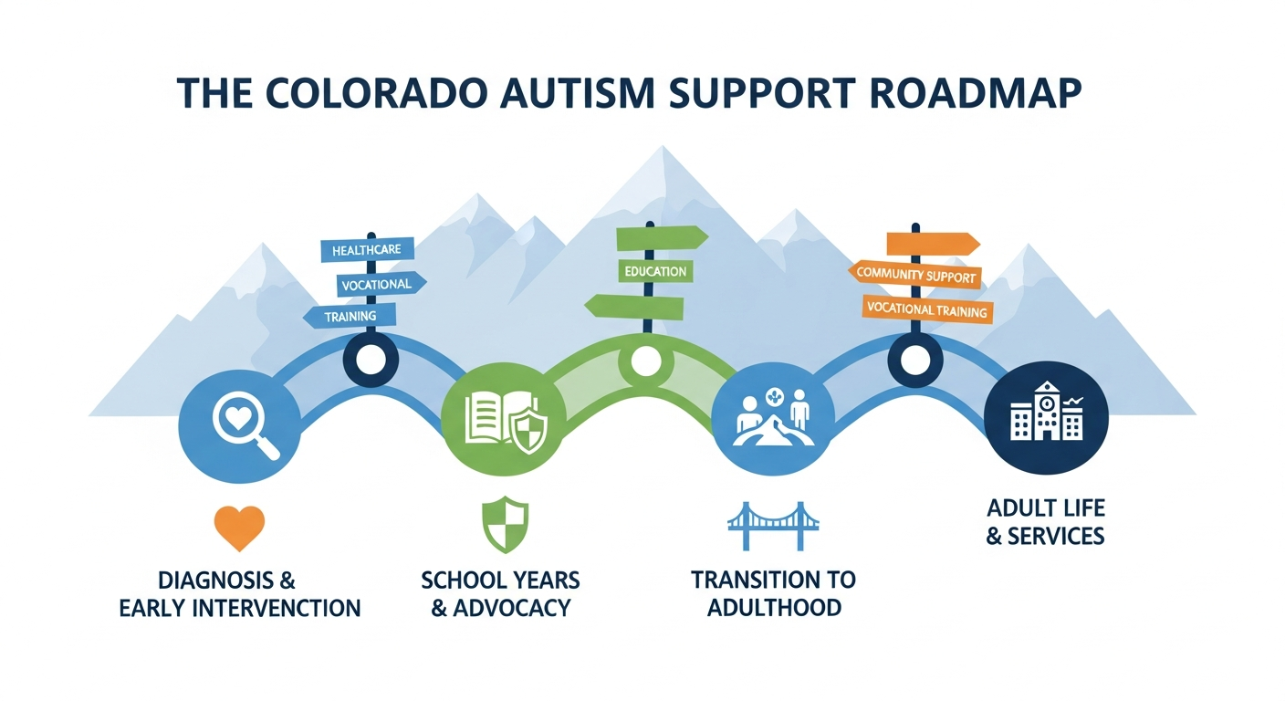 An infographic roadmap of the autism journey in Colorado. A path winds through four stages: Diagnosis & Early Intervention, School Years & Advocacy, Transition to Adulthood, and Adult Life. Signposts along the path point to support systems like healthcare, education, and community services.