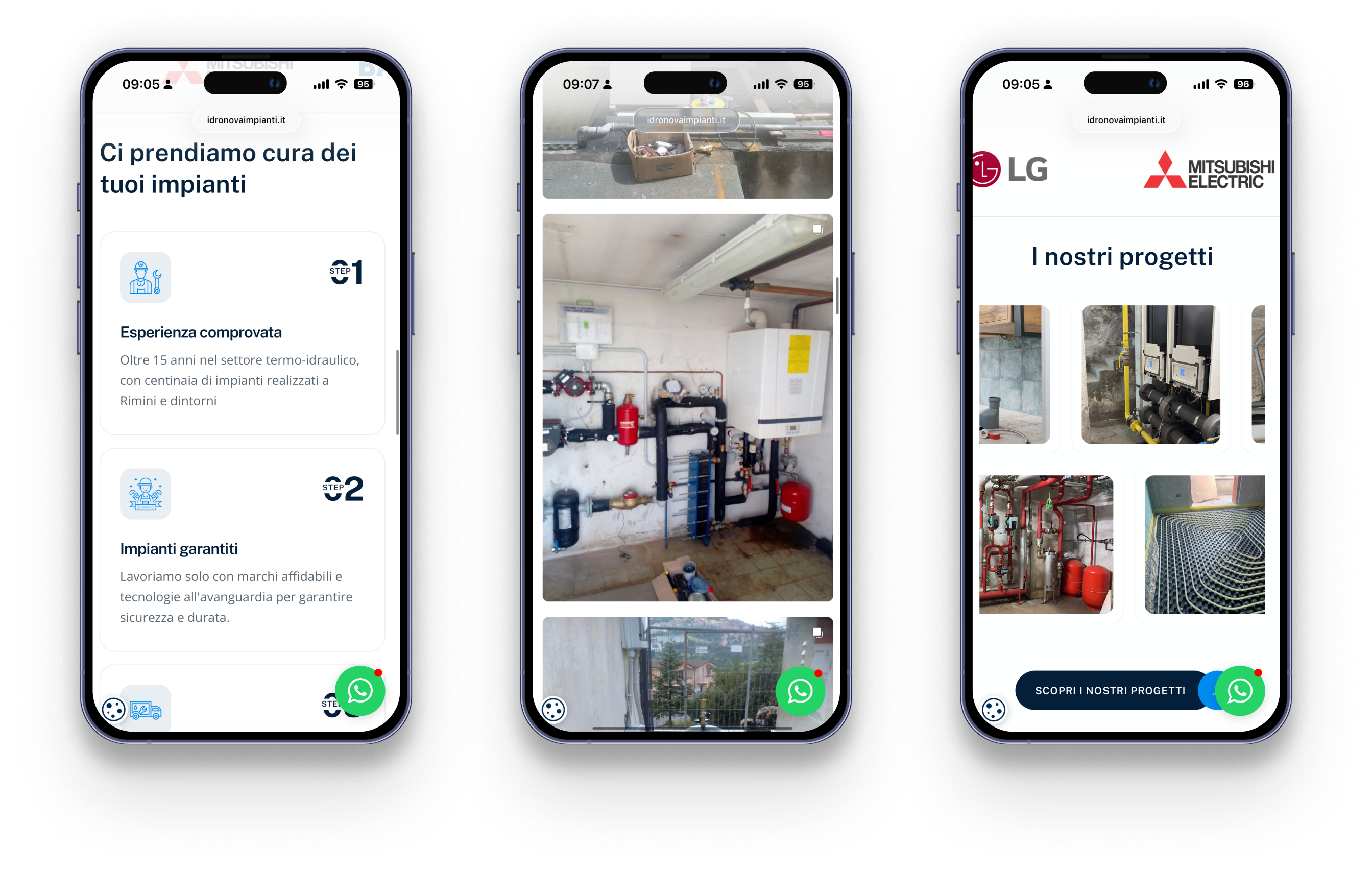 Tre schermi smartphone mostrano cartelle impianti idraulici, progetti e installazioni con marchi LG e Mitsubishi.