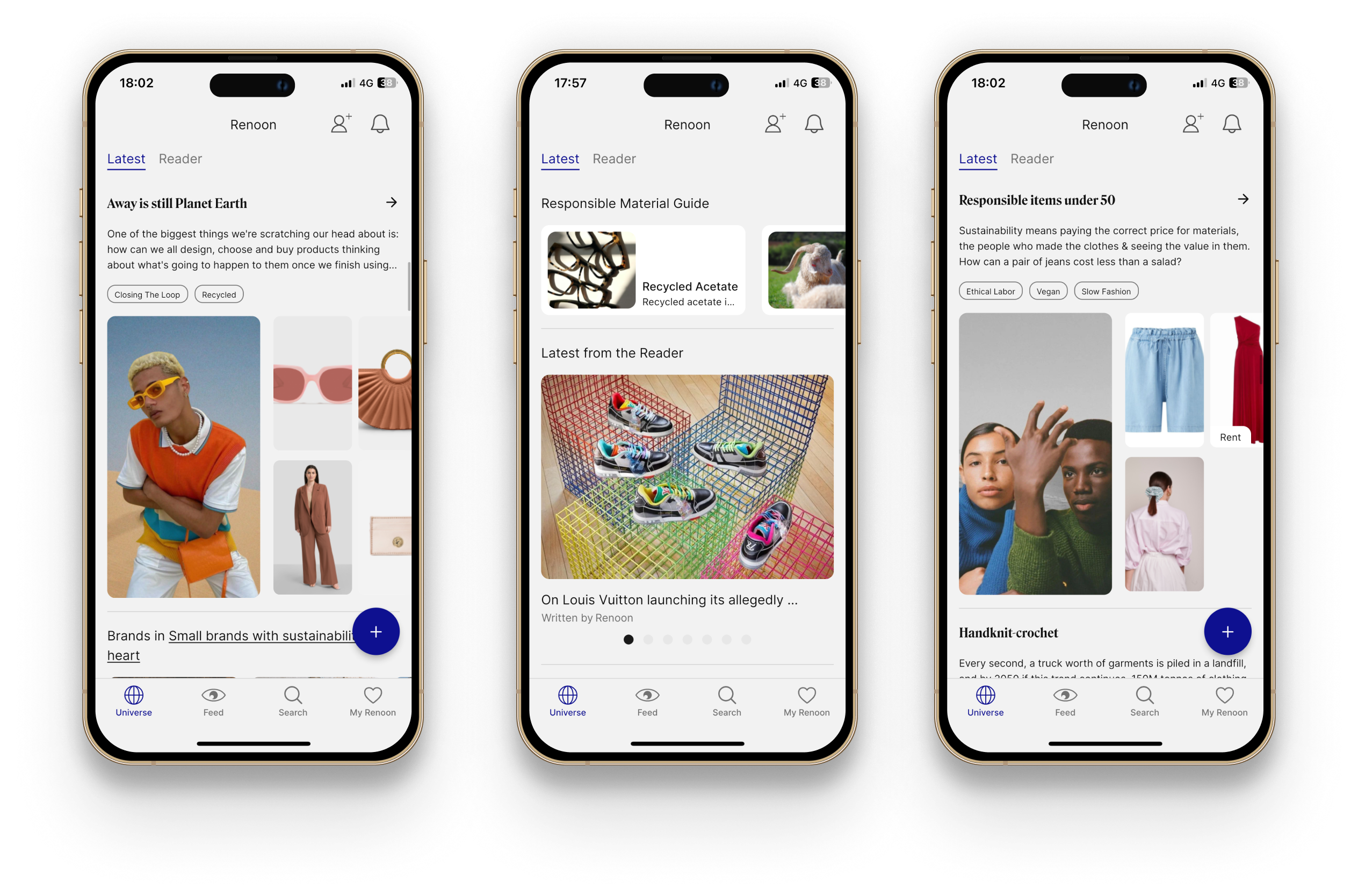Schermate di un'app di moda sostenibile con articoli, guide su materiali e temi etici