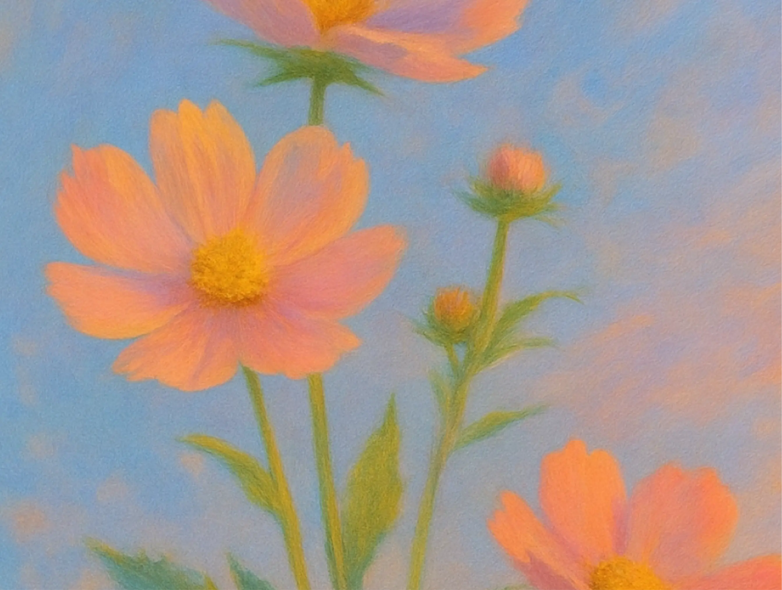 Oil painting with orange and pink florals in front of a pink and blue sky. 