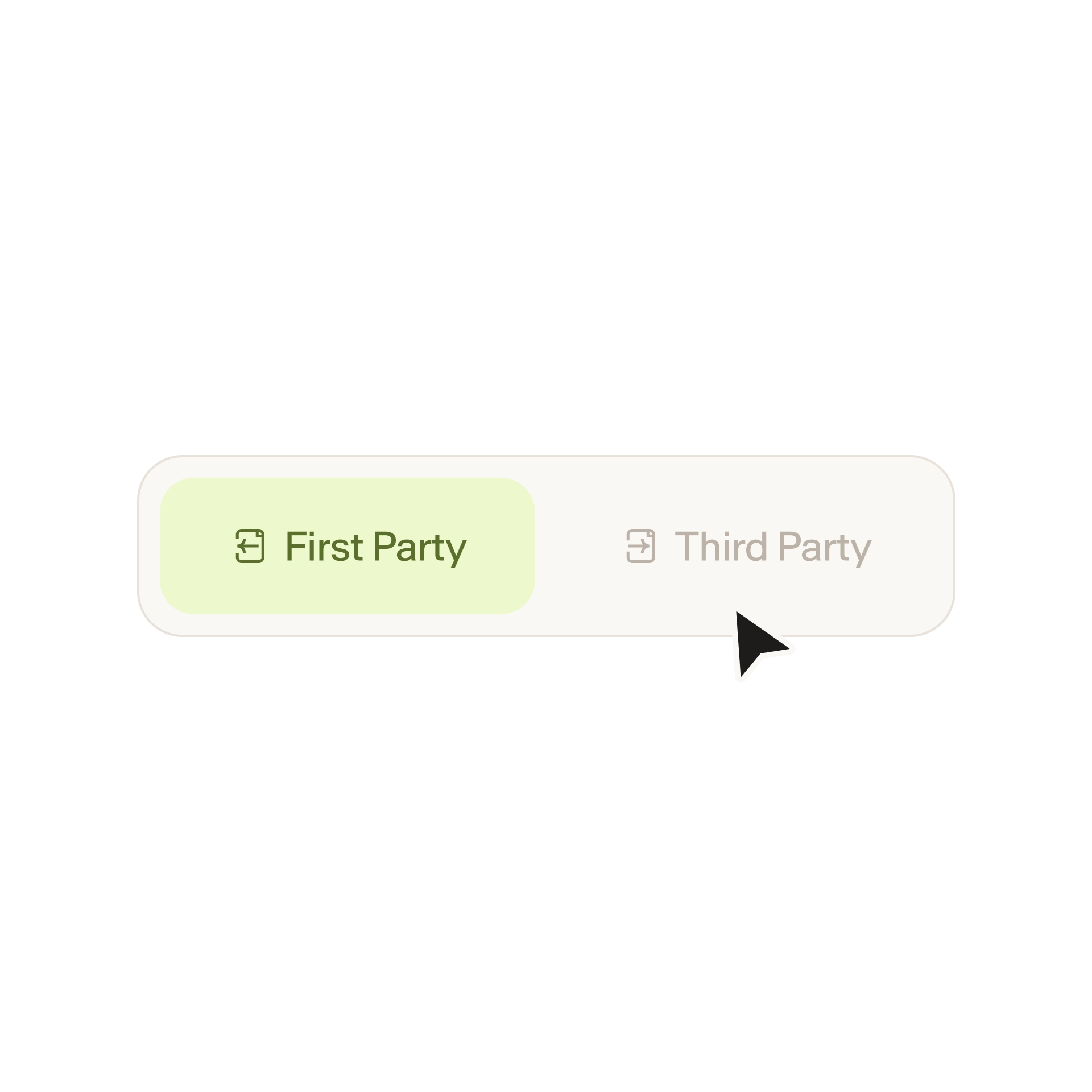 Toggle switch with 'First Party' selected and highlighted in green and 'Third Party' unselected in gray with a mouse cursor hovering over it.