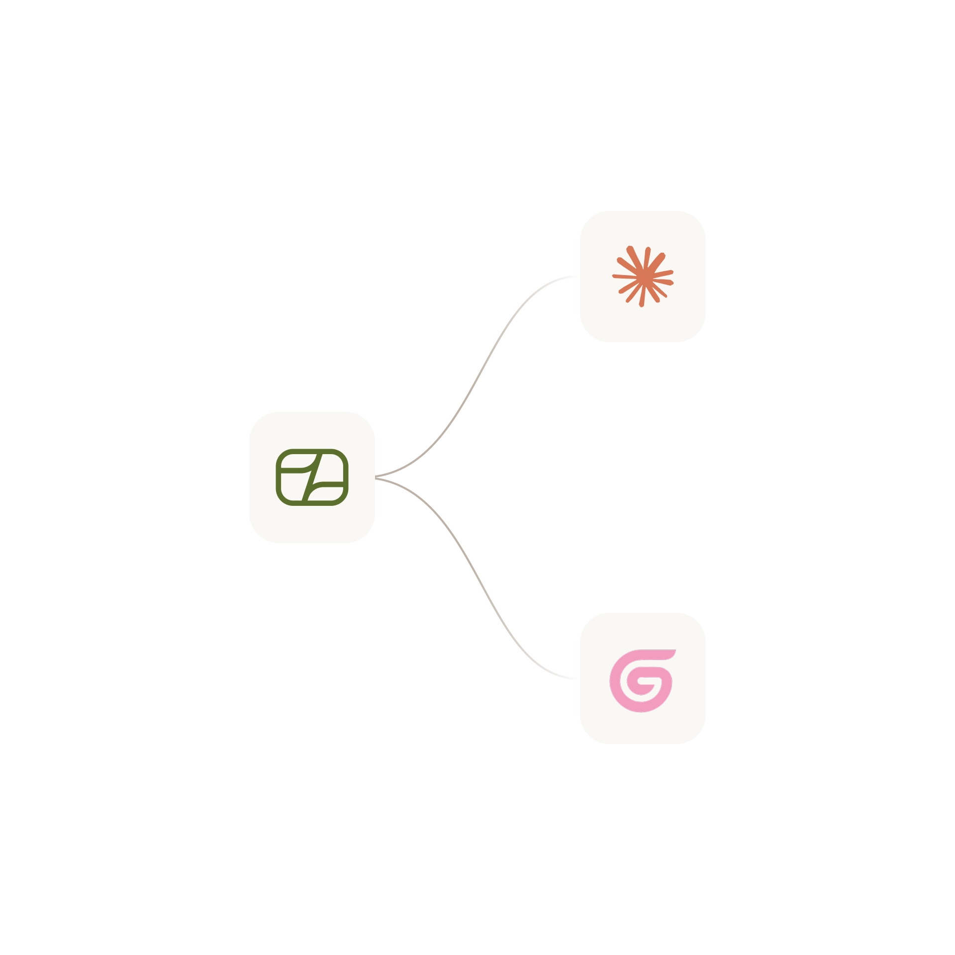 Green stylized leaf icon connecting to two other icons: an orange asterisk-like symbol and a pink swirl logo.